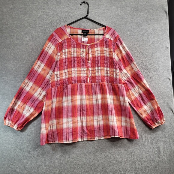 Lane Bryant Tops - Lane Bryant Women‎ Top 26/28 Red Plaid Blouse Babydoll Smocked Long Sleeve